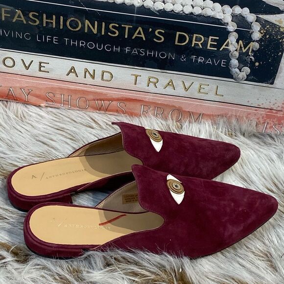 Anthropologie Embroidered Eye Burgundy Mules Sz 37 - Picture 2 of 6